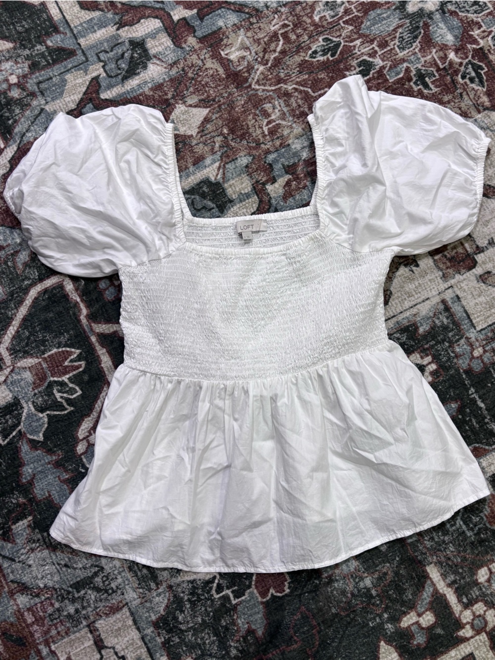 LOFT White Smocked Puff-Sleeve Blouse